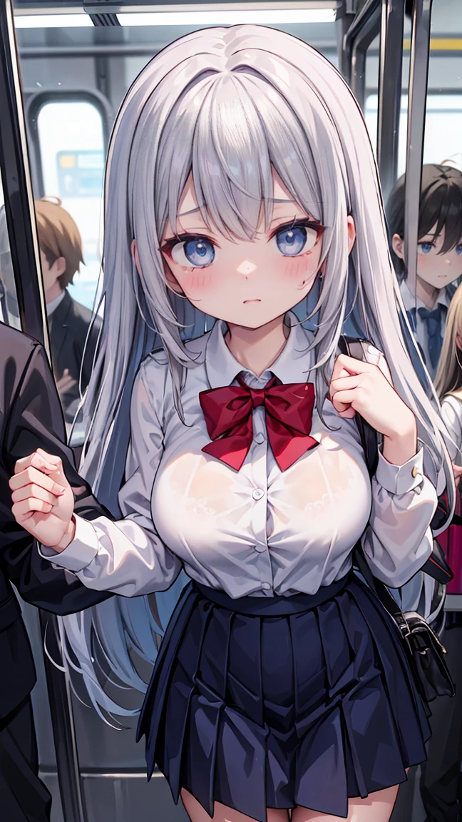 Crowded train、One pretty woman、Many passengers、Best image quality、High resolution、masterpiece、super high quality、Lori、Girl ,Silver Hair, Bright Blue Eyes, Mid-chest,Red bow tie, Dark blue pleated skirt, Long sleeve shirt, Dark Blue Vest、Blushing、4K quality、Reached orgasm、、Heavy breathing、From directly below、From directly below、1 personの女の子, Raise your arms, 1 person, {{{The guy put his hand on the girl's crotch}}}, Inside the train, Crowded, Crying face、（Affirmative prompts）
(1 Girl)++, (masterpiece)+++, (Highest quality)+++, (Super cute)+++, , (Roll up your shirt), Out of place bra ,arched back, Crowded train,  (Many men standing behind a girl )++, Dynamic pose, Dynamic hand movements, (Grab your chest)+++, A man grabs a woman's arm , (Hands frying), (Floating Hand), (Grab from behind),