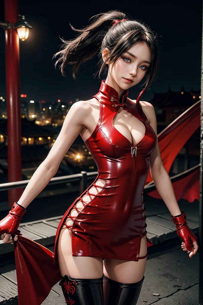 (RAW photo, best quality), Cute girl with short black hair, (ponytail), (city roof at night background), low light , dark eyeliner, cute smile, gorgeous face , super cute, 18 years old , young looking, hyper detailed face, dark eyeliner, (medium breast), (thin waist, super slender), (bare shoulders, (exposed hips), skintight and red PVC qipao china dress with yellow dragon decoration and vivid patterns, deep black leather thigh high boots, ((red PVC fingerless gloves)), cleavage, ((both hands on waist)), one leg in front of the other, (((small navel exposure))), (thigh belt)