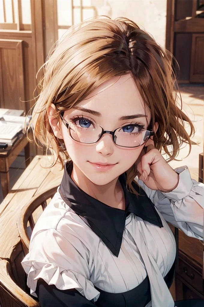 Masterpiece, 最high quality, high quality, High resolution, high quality texture, high quality shadows, High resolution, Beautiful details, Detailed CG, Detailed Texture, Realistic representation of face, Realistic, colorful, delicate, Cinematic Light, Side light, Lens flare, Ray Tracing, sharp concentrated, (1 Girl,concentrated:1.3), ( Intricate details, compensate, PureErosFaceV1:0.5), (細部まで美しいdelicateな顔, 緻密で美しいdelicateな瞳, Perfect Facial Proportions, Dense skin, Optimal ratio of four fingers to one thumb,Unified 8k wallpaper, Arms under chest, Modest chest, Wide Hips, Smooth upper abdomen, 30 years old, blue eyes, glasses,cabin attendant uniform,white blouse,tight fitting black skirt,black stockings, excellent secretary ,working as a secretary, wooden desk, wooden chair, house wife, the gaze of true love, lips of temptation, A look full of compassion ,a smile full of love, i love you, Acting lovey-dovey, air fortress hair, blonde hair, I love you so much I'm crazy,i love you