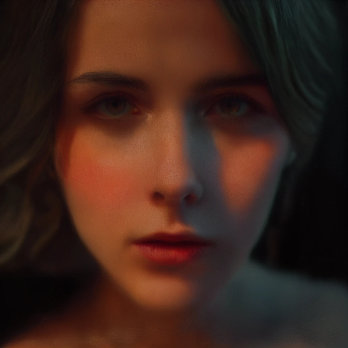 (((ultra realistic))) Photo, masterpiece, top quality, (pale skin LaGermania), (Ultra detailed face and eyes:1.2), Bright yellow eyes, 1 girl, naked, (Eye makeup, mascara), (plump detailed lips), ((Dark wavy hair)) , ((Stylish hairstyle)) , (Natural breasts). ((Posing)), photoshoot, studio (Contour lighting), (The play of light and shadows), depth of field, bokeh, (special attention to skin detail: 1.2), Detailed leather texture, skin pores. ((Dark and gloomy atmosphere of the frame. color scheme - black, Gray, ash tones)), ((Film grain, VHS effect)), ((rays)) , ((flare)), ((portrait, close to the camera, view from above)) , ultra detailed,