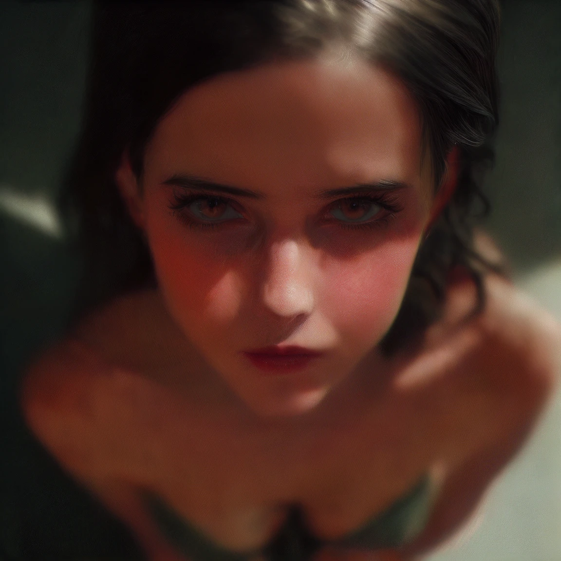 (((ultra realistic))) Photo, masterpiece, top quality, (pale skin LaGermania), (Ultra detailed face and eyes:1.2), Bright yellow eyes, 1 girl, naked, (Eye makeup, mascara), (plump detailed lips), ((Dark wavy hair)) , ((Stylish hairstyle)) , (Natural breasts). ((Posing)), photoshoot, studio (Contour lighting), (The play of light and shadows), depth of field, bokeh, (special attention to skin detail: 1.2), Detailed leather texture, skin pores. ((Dark and gloomy atmosphere of the frame. color scheme - black, Gray, ash tones)), ((Film grain, VHS effect)), ((rays)) , ((flare)), ((portrait, close to the camera, view from above)) , ultra detailed,