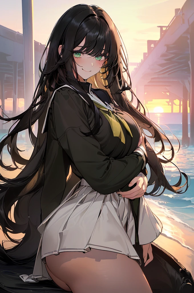 (top quality, masterpiece, high quality, ultra-delicate), ((beautiful girl)), (((adult)), ((Pure Dark black hair)), mature, graceful curves, ((long hair, long bangs)), ((bright green eyes)), ((detailed eyes)), ((large breast)) nose, bangs, ((white school girl uniform)),, seductive, fashion, thick thighs,big butt, Good Lighting, beach, Sunset, small smile