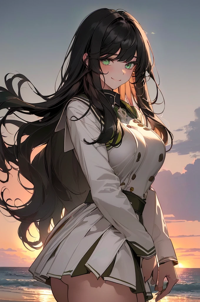 (top quality, masterpiece, high quality, ultra-delicate), ((beautiful girl)), (((adult)), ((Pure Dark black hair)), mature, graceful curves, ((long hair, long bangs)), ((bright green eyes)), ((detailed eyes)), ((large breast)) nose, bangs, ((white school girl uniform)),, seductive, fashion, thick thighs,big butt, Good Lighting, beach, Sunset, small smile