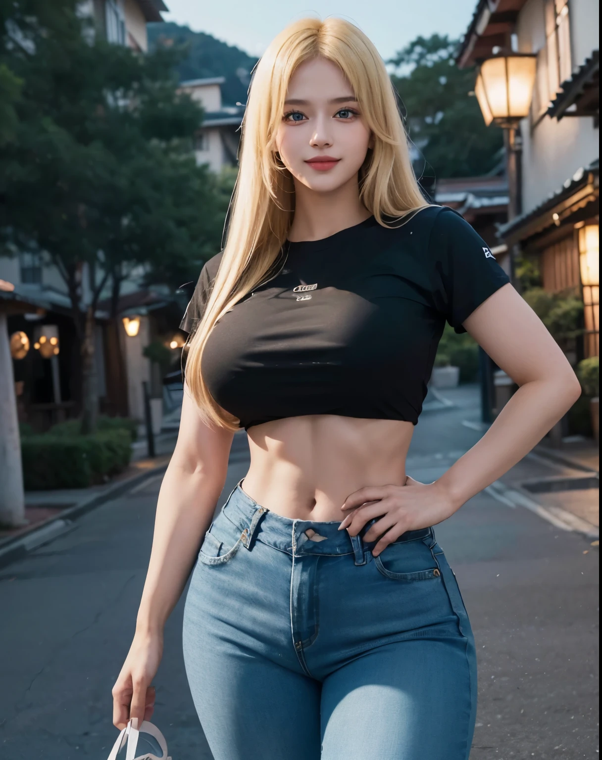 1girl, (Blue Eyes), (smiling :1.2), (Sana Minatozaki), wide hips, (big tits :1.1), (big ass), (thin waist :1.2), (thick thighs), (toned legs :1.1), muscle, (Best Quality, 8k, Masterpiece: 1.3), Clear Focus: 1.2, Perfect Body Beauty: 1.4, (strong abs :1.2), Highly detailed face and skin texture, detailed eyes, double eyelids, (shiny skin :1.2), (long blonde straight hair :1.2), (black t-shirt :1.2), (jeans :1.1), standing, dynamic pose, in a Japanese residential neighborhood at night, illuminated by streetlights
