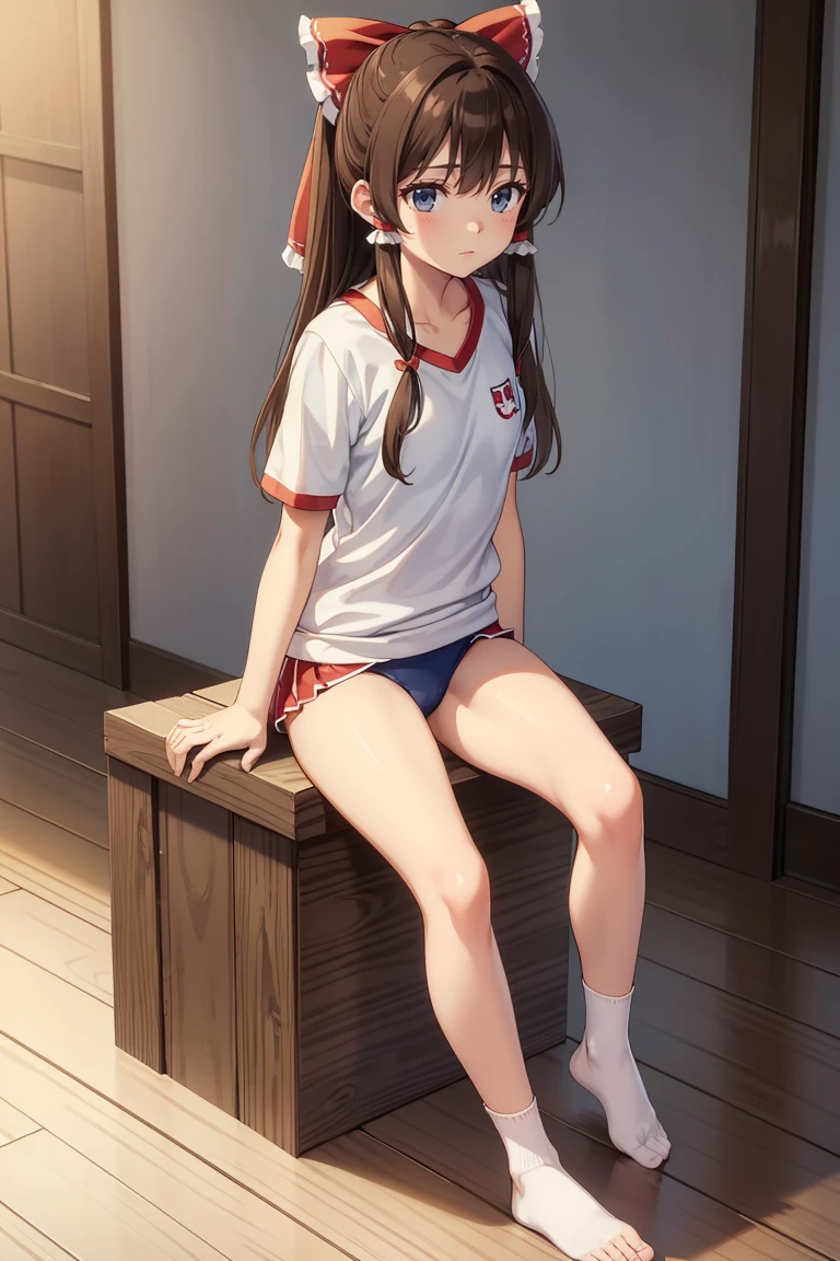 Reimu Hakurei, (Brown eyes:1.5), Brown Hair, bow, hair bow, Hair Tube, Long Hair, red bow, Side Lock, (((Slender body)))、(Navy blue cuffs and white short-sleeved gym uniform)、(Navy Blue Bloomers)、(
barefoot)、Navy blue socks、sports boots、Ground、Schoolyard、Backwards、look back、Sexy pose、
BREAK Watch Viewers,blush、
Full Body Shot,Smile Break (masterpiece:1.2), Highest quality, High resolution, unity 8k wallpaper, (figure:0.8), (Beautiful attention to detail), Highly detailed face, Perfect lighting, Highly detailed CG, (Perfect hands, Perfect Anatomy)