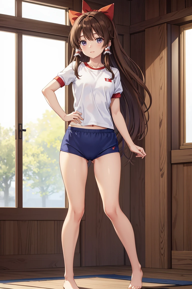 Reimu Hakurei, (Brown eyes:1.5), Brown Hair, bow, hair bow, Hair Tube, Long Hair, red bow, Side Lock, (((Slender body)))、(Navy blue cuffs and white short-sleeved gym uniform)、(Navy Blue Bloomers)、(
barefoot)、Navy blue socks、sports boots、Ground、Schoolyard、Backwards、look back、Sexy pose、
BREAK Watch Viewers,blush、
Full Body Shot,Smile Break (masterpiece:1.2), Highest quality, High resolution, unity 8k wallpaper, (figure:0.8), (Beautiful attention to detail), Highly detailed face, Perfect lighting, Highly detailed CG, (Perfect hands, Perfect Anatomy)