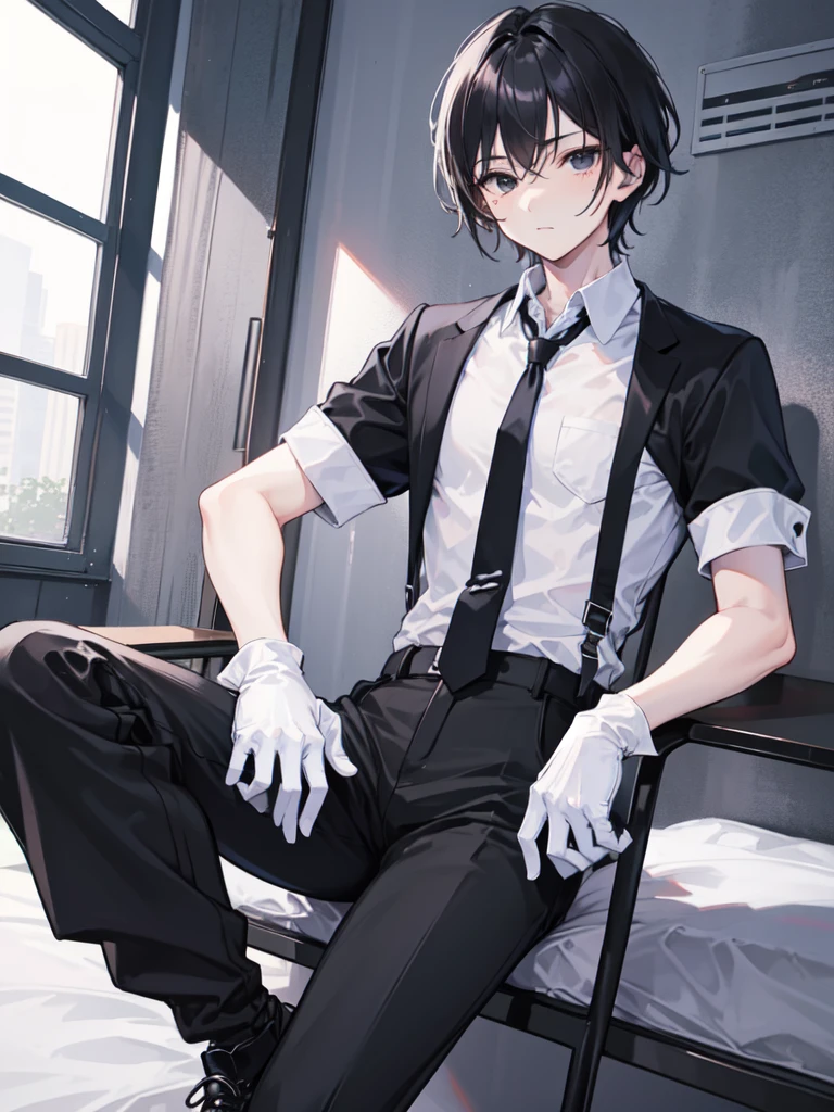 18-year-old boy,cute,Wear a white short-sleeved shirt and a black work tie,Wear black pants,Wear black booties,Wear white gloves,Black hair,Black eyes,Seductive pose