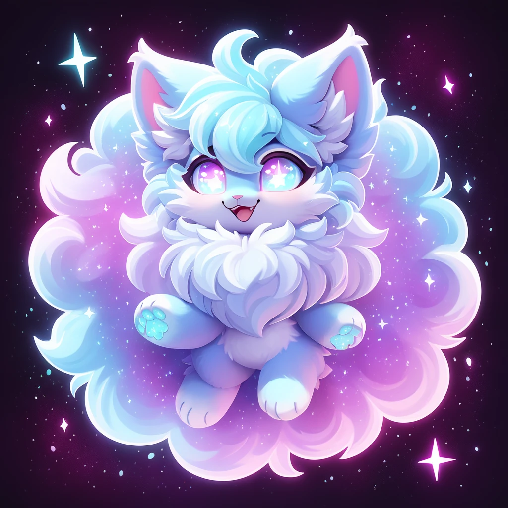 fluffy cute ball of starlight with luminescent eyes and fluff full of star dust and sparkles in a color burst of a nebula