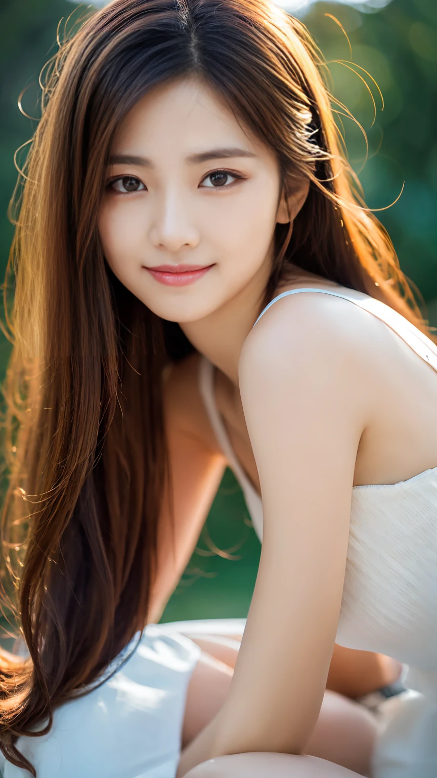 A goddess adorned in a seductive fantasy attire、masterpiece,best quality,ultra detailed,highres,high-resolution,4K,realistic,RAW photo,((real person)),portrait photography,photorealistic,detailed skin,(delicate black eyes ), A soothing woman with sagging eyes,Calm and calm, middle hair,skinny,clothing,The wind is blowing,tareme、Full Body Shot、8 heads、See-through、goddess、smile