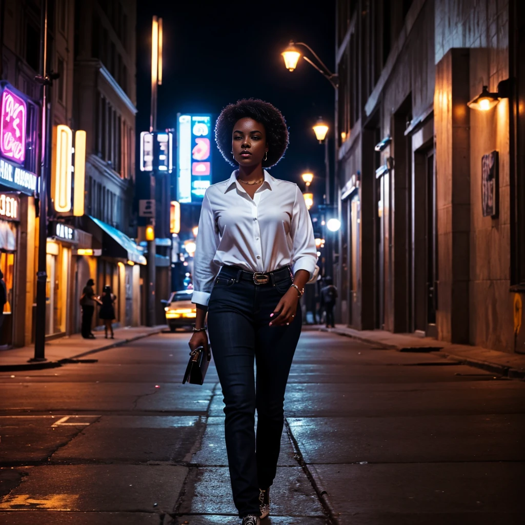 A cinematic, noir-style black woman in a pristine white blouse and fitted blue jeans, stride confidently down a bustling city sidewalk, her cellphone pressed to her ear amidst the urban symphony. Graffiti-laden walls, streetlights casting dramatic shadows, and the vibrant nightlife in the background.
