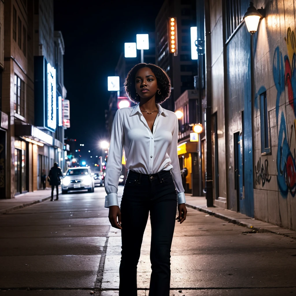 A cinematic, noir-style black woman in a pristine white blouse and fitted blue jeans, stride confidently down a bustling city sidewalk, her cellphone pressed to her ear amidst the urban symphony. Graffiti-laden walls, streetlights casting dramatic shadows, and the vibrant nightlife in the background.