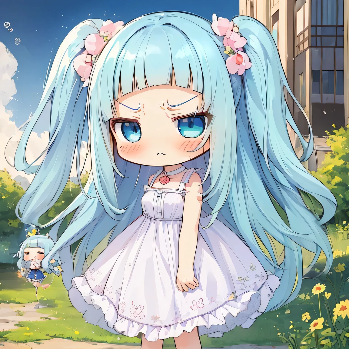 ((masterpiece)), ((best quality)), (ultra-detailed), ((kawaii)), cute, (lovely), illustration, anime style, face focus, (chibi:1.4), a cute girl, solo, 1girl, blue eyes, (bad mood:1.6), age15, slim, slender, medium breast, white sundress, (beautiful eyes), beautiful pale green hair, long hair, two side up, ((blunt bangs)), blue eyes, (Devastated city:1.3), kouhai.