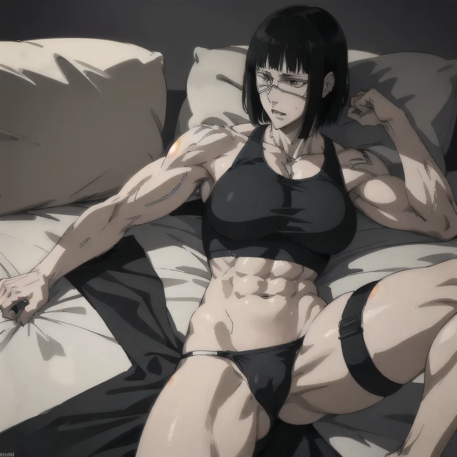 (best quality,ultra-detailed,realistic:1.37),musclaur badass girl with sculpted body with preview her musclaur body and six-pack, full review of the female character face and body, intense expression, strong and confident posture, studio lighting, vivid colors, physiologically-based rendering, grungy texture, rugged background, dust particles in the air, commanding presence, professional, powerful, gritty aesthetics,,Valmet،short hair,necklace,Light reflection on shoulders,Sweat in muscles،،wearing military male underwear and midriff tank top, tattoos on shoulders،sitting in ground,eyepatch,Shining muscles,Shining skin,sexy six-pack,penis growth inside underwear,penisQuiron,,lying down,lying on stomach,The pillow-armer