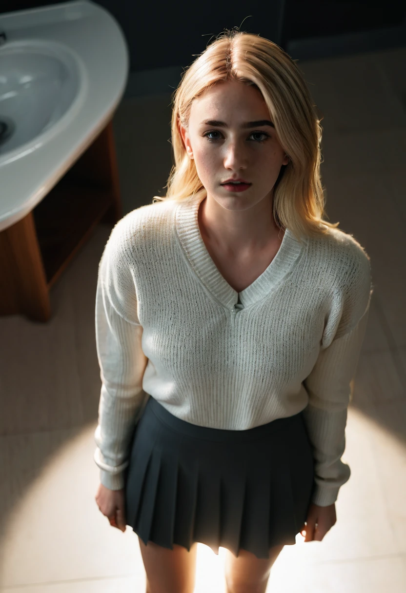 (realistic, photorealistic,photo-realistic:1.37), ((Best quality)), ((masterpiece)), (detailed), ((NFV)), ((solo blonde seventeen year old beauty)), ((secretary in a thick white sweater)), ((whole body)), ((huge breasts under a sweater)), ((toilet stall in the office near the toilet)), ((sad expression, Cute dimples)), ((freckles)), ((Skinny long skirt), ((Well-drawn hands)), ((well-drawn anatomy)), ((Cinematic lighting)) One, shot from above