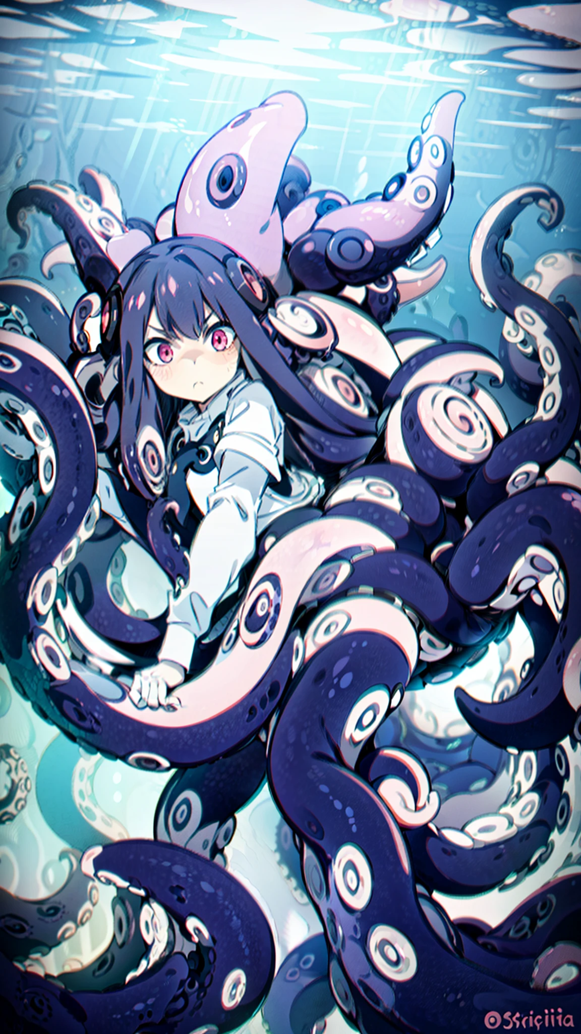 ((best quality)), ((highly detailed)), absurdres, (detailed eyes),1girl,20 years old,solo,long hair,pink hair,(((white shirt,black standart tie,black skirt))),dynamic pose, cowboy shot, (((scylla))), (((octopus girl))), standing, (tentacles:1.33), (suction cups:1.33), (fused:1.33), ((tentacle legs)), squidlegs, ((underwater,sea,night)),leaning forward, serious,