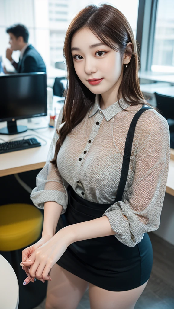 ((top-quality、​masterpiece、photographrealistic:1.4、in 8K))、Beautuful Women１a person、25years old、beautiful hairl、delicate and beautiful face、Eyes and faces with detailed 、(Modern workplace with computer:1.2)、(Shirt:1.2)、(standing:1.2)、A smile、Beautiful lighting、Textured skin、Super Detail、high detailing、High quality、hight resolution、（looking at the viewers）、Detailed mouth、Opening Mouth、full body Esbian、tight skirts、Women at work、Fishnet Stockings、Coffee、window、Women who can work、high-heels, short hair 