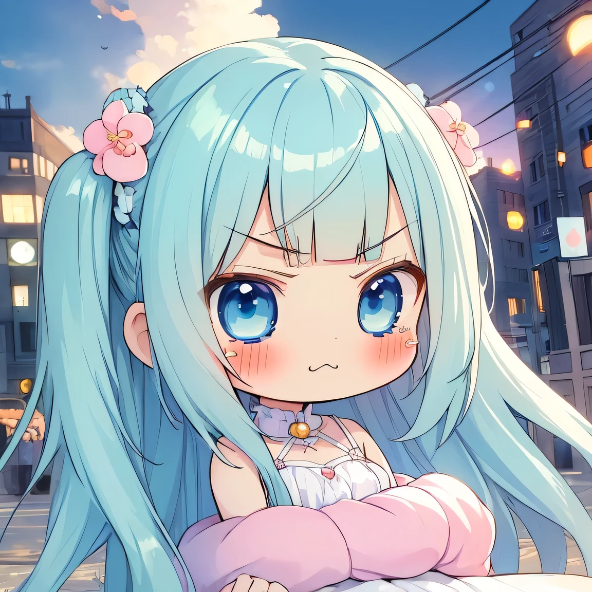 ((masterpiece)), ((best quality)), (ultra-detailed), ((kawaii)), cute, (lovely), illustration, anime style, face focus, (chibi:1.4), a cute girl, solo, 1girl, blue eyes, (bad mood:1.6), age15, slim, slender, medium breast, white sundress, (beautiful eyes), beautiful pale green hair, long hair, two side up, ((blunt bangs)), blue eyes, (Devastated city:1.3), kouhai.