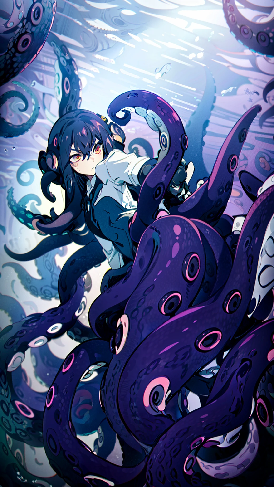 ((best quality)), ((highly detailed)), absurdres, (detailed eyes),1girl,20 years old,solo,long hair,Dark purple hair,(((white shirt,black standart tie,black skirt))),dynamic pose, cowboy shot, (((scylla))), (((octopus girl))), standing, (tentacles:1.33), (suction cups:1.33), (fused:1.33), ((tentacle legs)), squidlegs, ((underwater,sea,night)),leaning forward, serious,