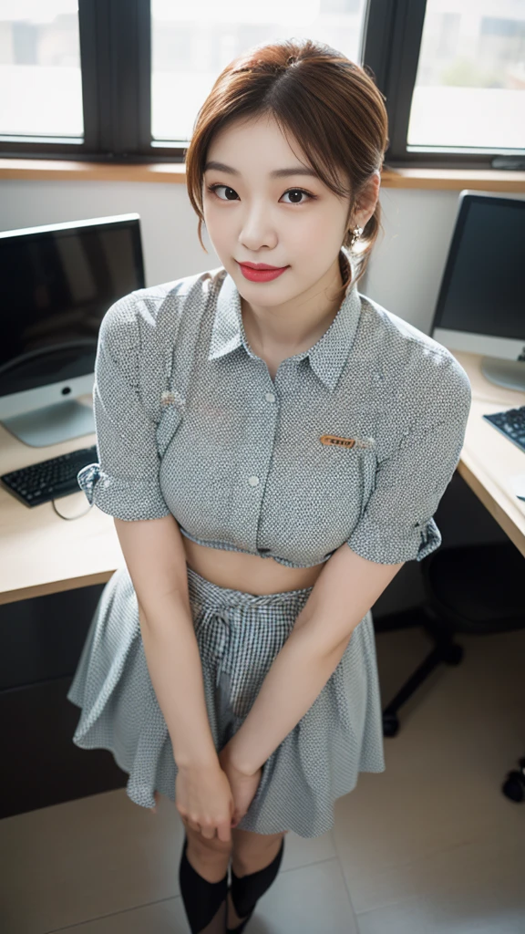 ((top-quality、masterpiece、photographrealistic:1.4、in 8K))、Beautuful Women1a person、25years old、beautiful hairl、delicate and beautiful face、Eyes and faces with detailed 、(Modern workplace with computer:1.2)、(Shirt:1.2)、(standing:1.2)、A smile、Beautiful lighting、Textured skin、Super Detail、high detailing、High quality、hight resolution、(looking at the viewers)、Detailed mouth、Opening Mouth、full body Esbian、tight skirts、Women at work、Fishnet Stockings、Coffee、window、Women who can work、high-heels, short hair