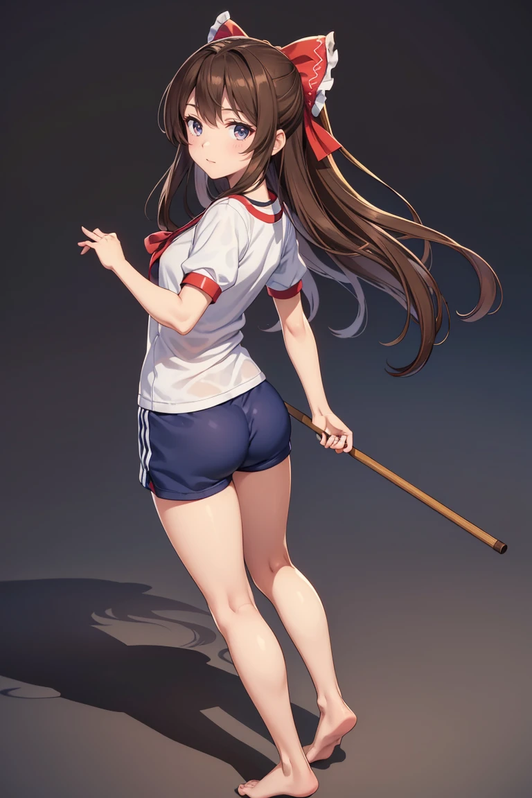 Reimu Hakurei, (Brown eyes:1.5), Brown Hair, bow, hair bow, Hair Tube, Long Hair, red bow, Side Lock, (((Slender body)))、(Navy blue cuffs and white short-sleeved gym uniform)、(Navy Blue Bloomers)、(
barefoot)、Navy blue socks、sports boots、Ground、Schoolyard、(((Backwards、look back)))、 pose、
BREAK Watch Viewers,blush、
Full Body Shot,Smile Break (masterpiece:1.2), Highest quality, High resolution, unity 8k wallpaper, (figure:0.8), (Beautiful attention to detail), Highly detailed face, Perfect lighting, Highly detailed CG, (Perfect hands, Perfect )