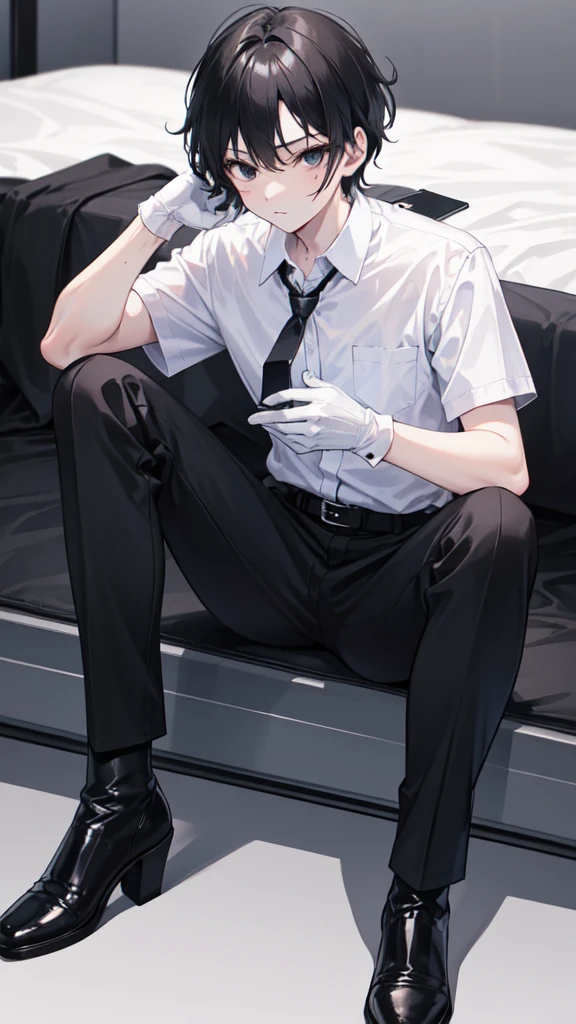 18-year-old boy，cute，Wear a white short-sleeved shirt and a black work tie，Wear black pants，Wear black booties，Wear white gloves，Black hair，Black eyes， pose