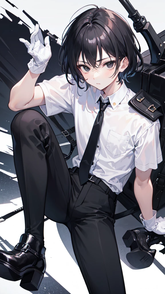 18-year-old boy,cute,Wear a white short-sleeved shirt and a black work tie,Wear black pants,Wear black booties,Wear white gloves,Black hair,Black eyes,Seductive pose