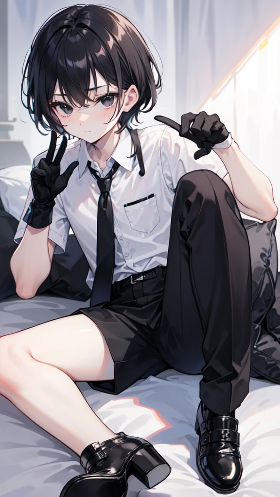 18-year-old boy,cute,Wear a white short-sleeved shirt and a black work tie,Wear black pants,Wear black booties,Wear white gloves,Black hair,Black eyes,Seductive pose