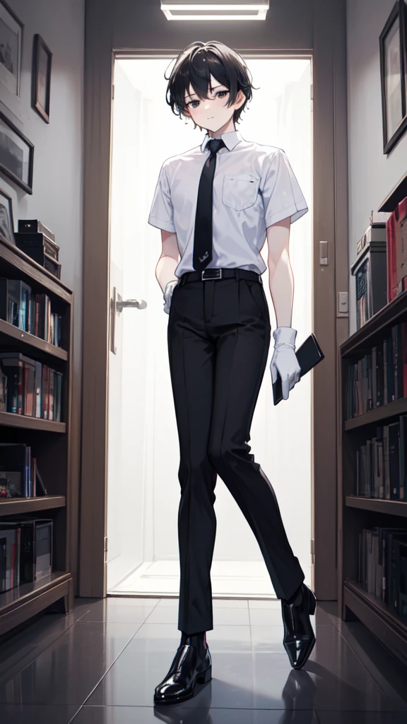 18-year-old boy，cute，Wear a white short-sleeved shirt and a black work tie，Wear black pants，Wear black booties，Wear white gloves，Black hair，Black eyes， pose
