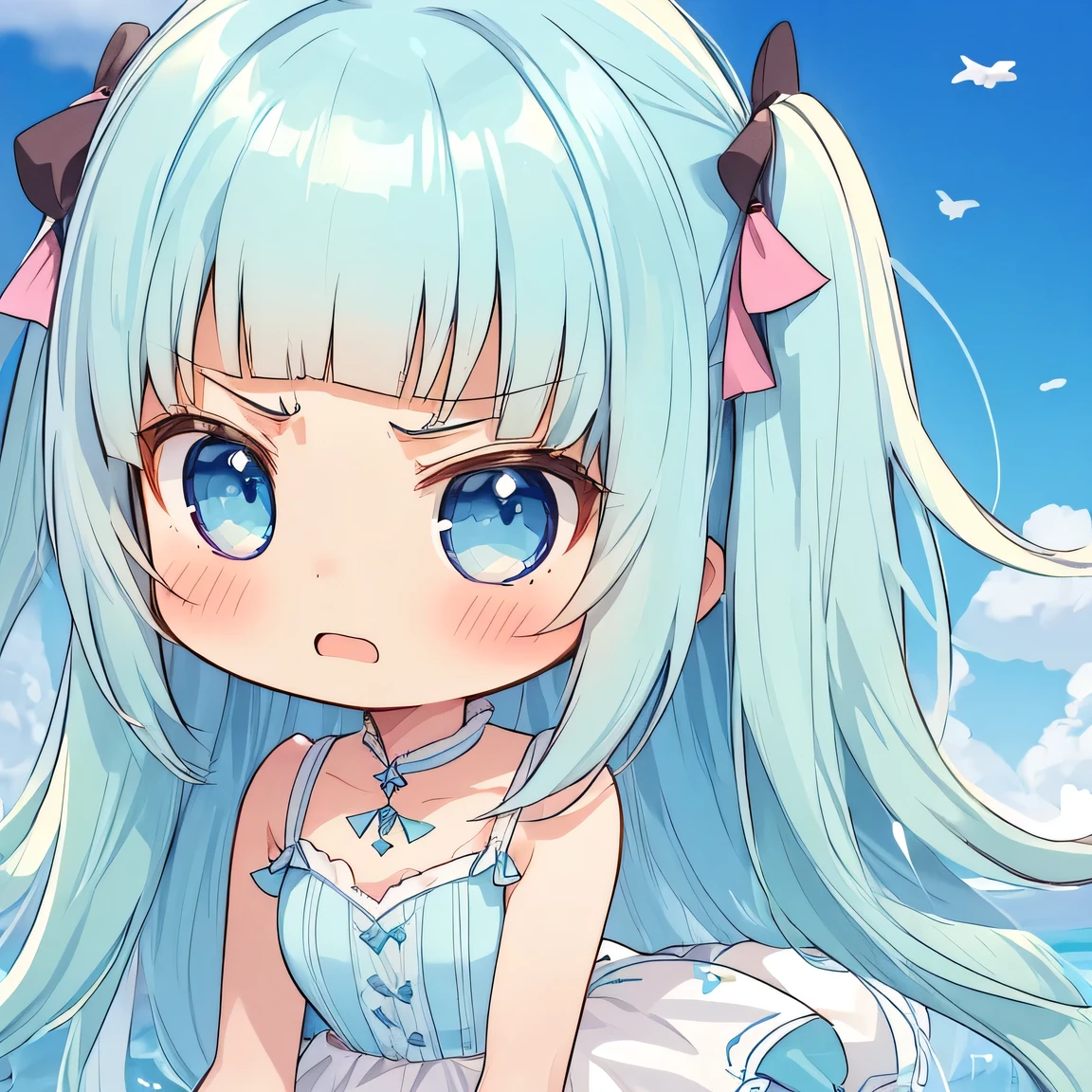 ((masterpiece)), ((best quality)), (ultra-detailed), ((kawaii)), cute, (lovely), illustration, anime style, face focus, (chibi:1.4), a cute girl, solo, 1girl, blue eyes, (bad mood:1.6), age15, slim, slender, medium breast, white sundress, (beautiful eyes), beautiful pale green hair, long hair, two side up, ((blunt bangs)), blue eyes, kouhai.