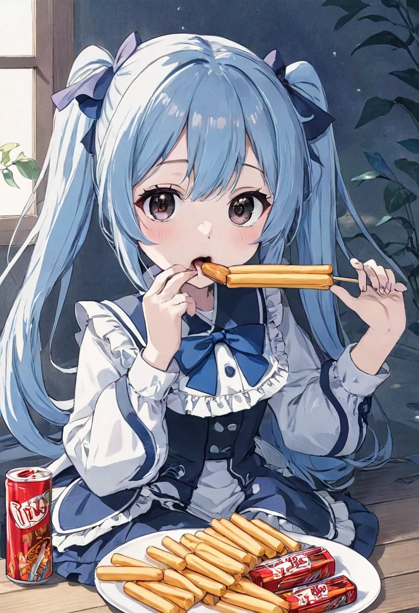 Light blue long hair、Twin-tailed Girl, black eye、Cute girl anime visuals, Anime Moe Art Style, Splash Art Anime Loli、2D Anime Style, Eating Pocky、Cute Lolita Costume