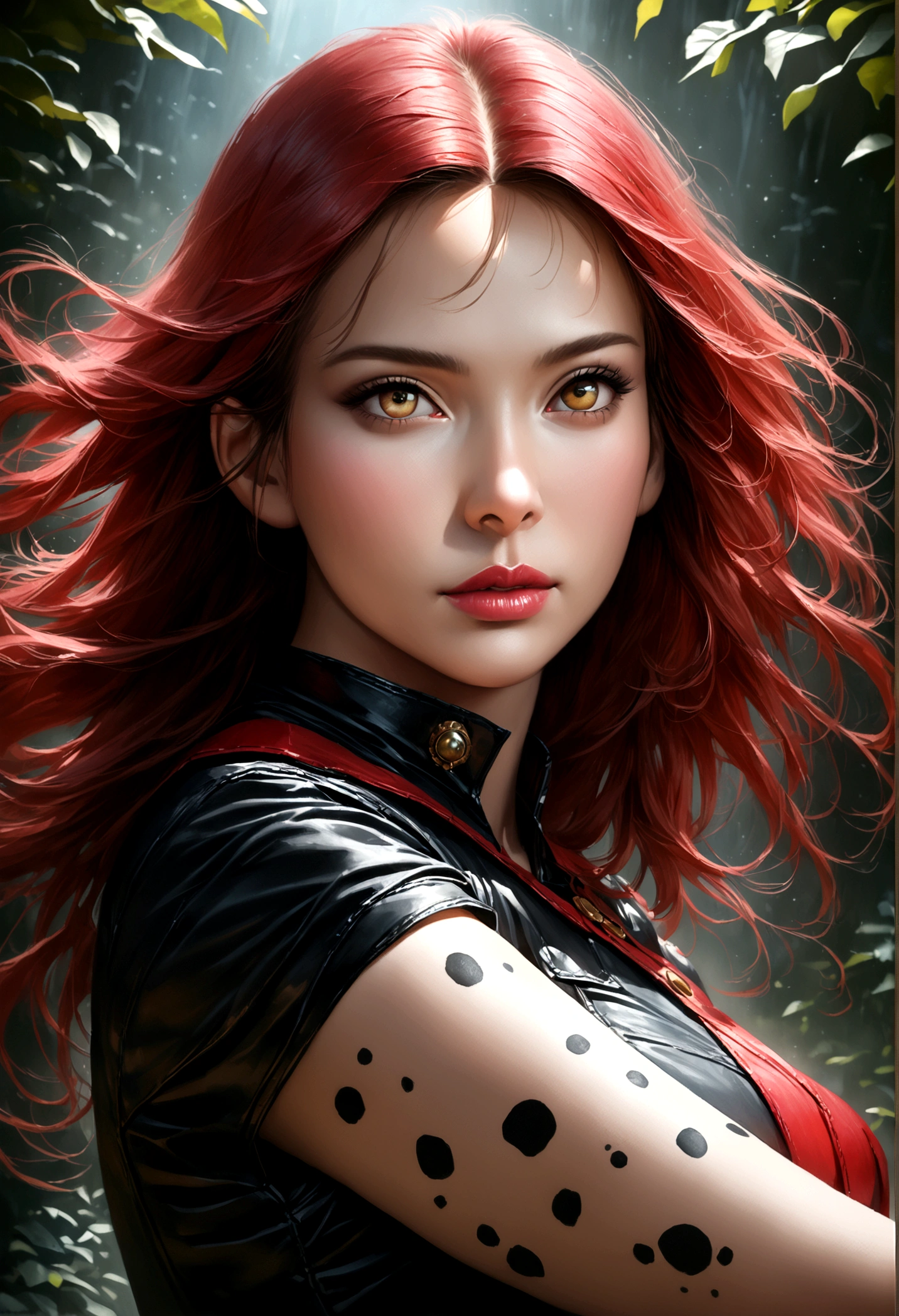 A beautiful girl with long red hair, bright golden eyes, and pink lips, wearing the Jujutsu Kaisen anime uniform, her left arm covered in shiny black spots, (best quality,4k,8k,highres,masterpiece:1.2),ultra-detailed,(realistic,photorealistic,photo-realistic:1.37),beautiful detailed eyes,beautiful detailed lips,extremely detailed eyes and face,longeyelashes,1girl,intricate,anime style,vibrant colors,dramatic lighting,detailed uniform,detailed black spots on left arm