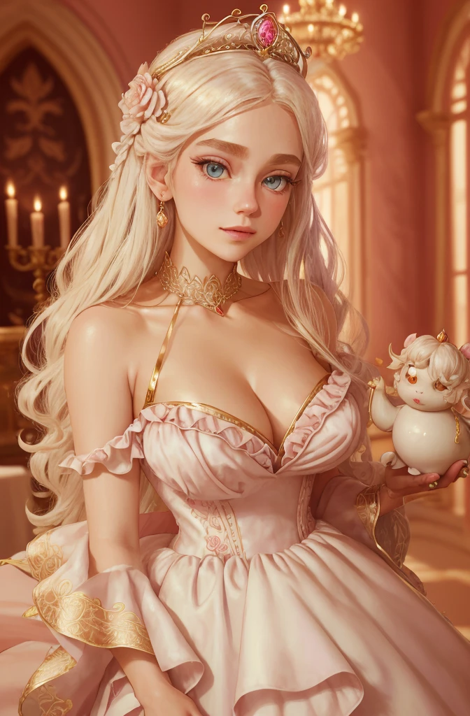 White Blonde hair, fluffy hair, stylish hair, long hair, lilac eyes, perfect eyes, beautiful, perfect face, tween, , short, kind, curvy, a flowing pale airy gown with ruffles along the bottom with tiny pink flowers and gold dragon embroideries with flowers, Her tiara had a pretty teal gemstones, silver necklace, noble class, royal, royalty, red castle, feasting hall, medieval, elegant surroundings, soft dewy makeup look, light peach blush, soft tan eyeshadow, light coral lipstick, cutesy, girlish, girly, guileless, ingénue, princess , whimsical lighting, Targaryen, dragons in the sky, photorealistic
