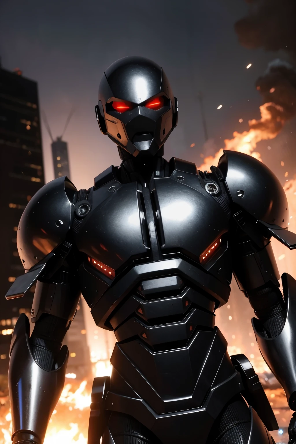 black humanoid alien cyborg destroyed post apocalyptic lot of fire destruction matrix