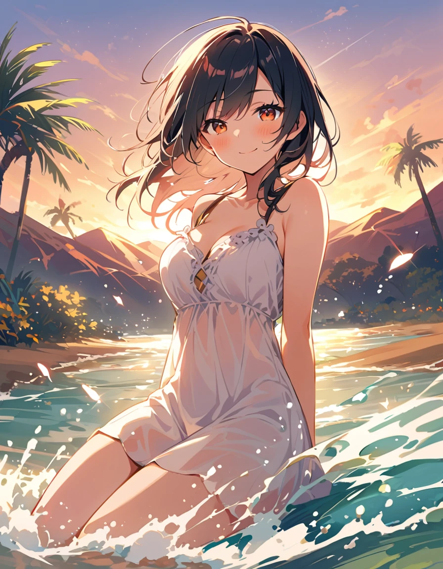 Create a woman from the knees down only,Seaside,Girl wearing white sandals,Sunset,My feet are in the sea,Create only the feet.