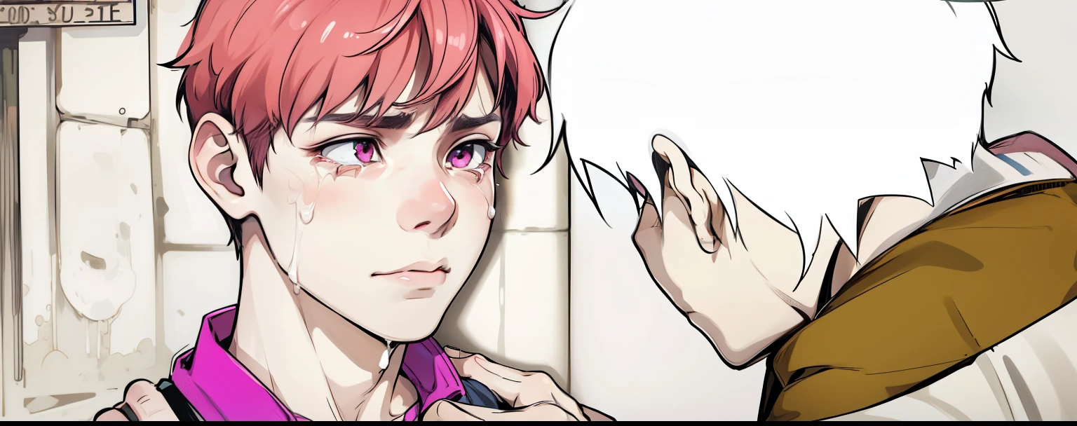 cute 14 year old boy pink hair pink eyes he is scared he is afraid, He has some tears on his face, he puts his hand on his shoulder, comforting him.