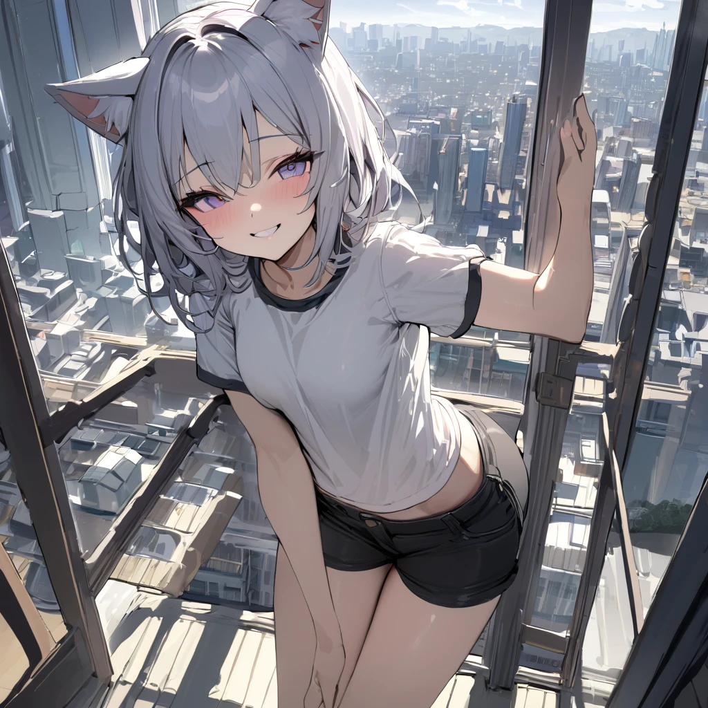 masterpiece, best quality, absurdres, two heads, conjoined, 1girl, cat ears, shirt, shorts, city background, smile