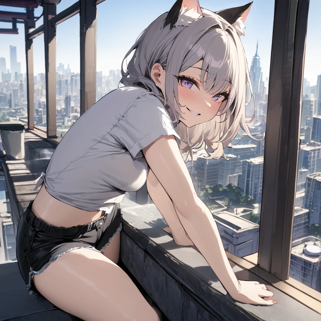 masterpiece, best quality, absurdres, two heads, conjoined, 1girl, cat ears, shirt, shorts, city background, smile