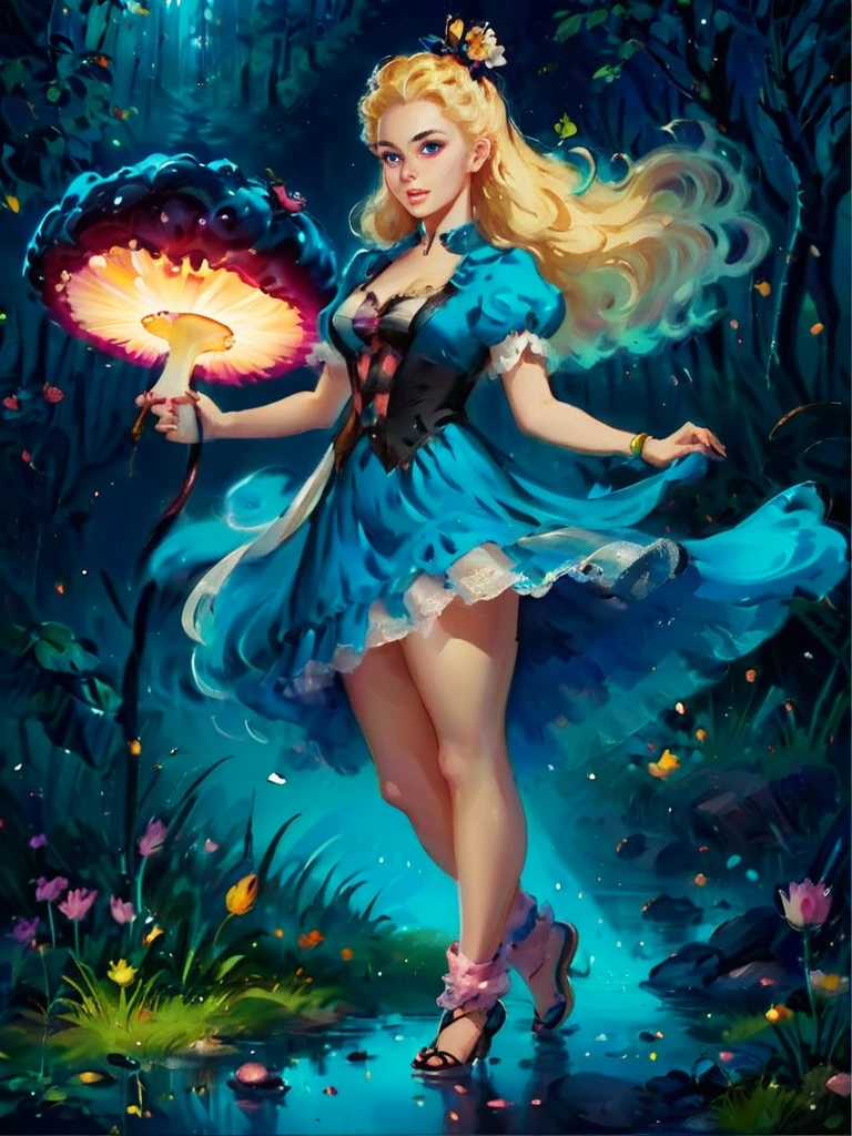 a beautiful 20 year old blonde woman with big messy hair in a blue dress, white stockings, black headband, cleavage, holding a glowing mushroom, fantasy art style, rossdraws cartoon vibrant, alice in wonderland cyberpunk, cute detailed digital art, colorfull digital fantasy art, digital fantasy art ), glossy digital painting, rossdraws pastel vibrant, rossdraws 2. 5, rossdraws 1. 0