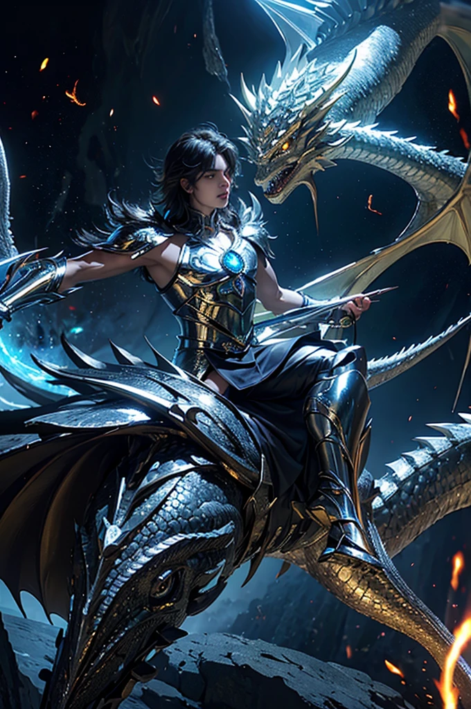 32K transparent、Fantasy、A man fighting demons、Flying sparks、Cutting down demons with a large sword、Saint Seiya-like characters、Wearing golden armor、Riding a dragon、Riding a dragon
