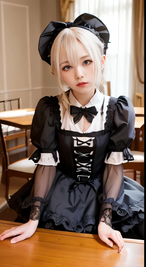 (Tabletop, Highest quality:1.2), 8K, 85mm, Official Art, RAW Photos, Absurd, Platinum Blonde Hair, (blue eyes, ta Fashion, Sweet LoliGothic, dress:1.2), Idol's face, Upper Body, beautiful girl, Gardeniass, Copenhagen, Short sleeve, grace, Sophisticated, Gardenia, View your viewers, Film Grain, chromatic aberration, Sharp focus, Face Light, Dynamic Lighting, Cinema Lighting, Detailed face, Bokeh Background