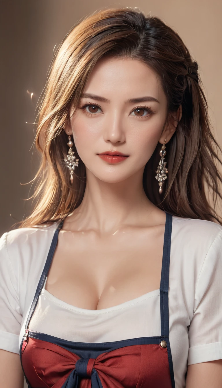 masterpiece, Highest quality, 8K, Official Art, Cinematic Light, Ultra-high resolution, Close-up of face、One Mature Woman, 45 Talent、Round face、Sexy mother, Earrings, Tie your hair back tightly、 View your audience, hoop Earrings, Brown Hair, Brown eyes, Brown background, White T-shirt BREAK Green apron、, Red lips、Detailed face、Fine grain、Detailed gaze、