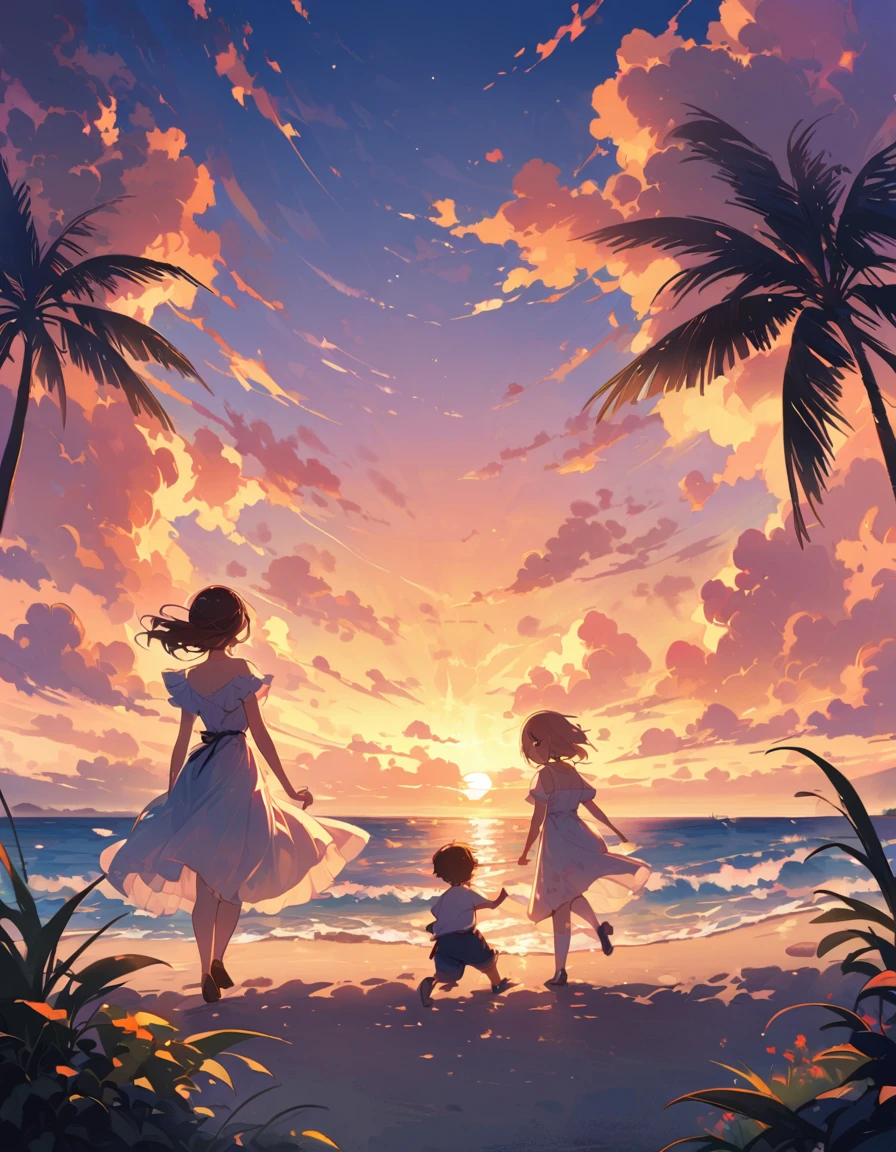 evening、On the beach at sunset、There is a couple running happily。A woman runs in the lead with a smile on her face、A man is chasing her。The laughter of two people echoed、It brightens up the surroundings even more。The sea and the beach shine beautifully in the light of the setting sun.、The sky is a vibrant orange。A romantic view unfolds、The two of them seem happy。