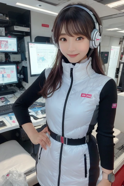 masterpiece, Highest quality, Very detailed, 8K Portrait,Japanese Android Girl,plump , Control panel,Robotic arms and legs, Blunt bangs,,break (Metallic Gray, Metallic luster, Mirror finish, Astro Best):5,headphone:5,break (Black sleeves):100,Smart Watches,Futuristic space station,Control Room,break headphone,blue eyes,(Black Hair):2,(Long Hair):1.3,Displaying the viewer,(respirator),break blush:3,Hidden Hand,smile