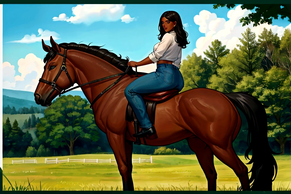 ((best quality)), ((masterpiece)), (detailed), (1girl, dark skinned, riding horse, , )
(Big shire horse, big bum). open meadow 