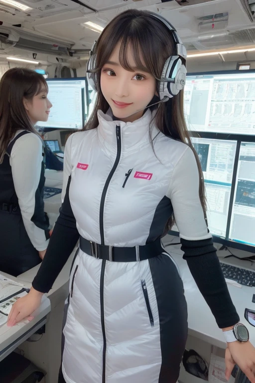 masterpiece, Highest quality, Very detailed, 8K Portrait,Japanese Android Girl,plump , Control panel,Robotic arms and legs, Blunt bangs,,break (Metallic Gray, Metallic luster, Mirror finish, Astro Best):5,headphone:5,break (Black sleeves):100,Smart Watches,Futuristic space station,Control Room,break headphone,blue eyes,(Black Hair):2,(Long Hair):1.3,Displaying the viewer,(respirator),break blush:3,Hidden Hand,smile