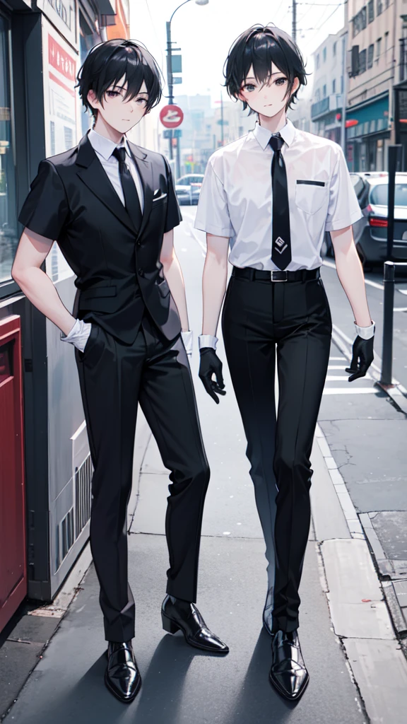 18-year-old boy,cute,Wear a white short-sleeved shirt and a black work tie,Wear black pants,Wear black booties,Wear white gloves,Black hair,Black eyes,Seductive pose