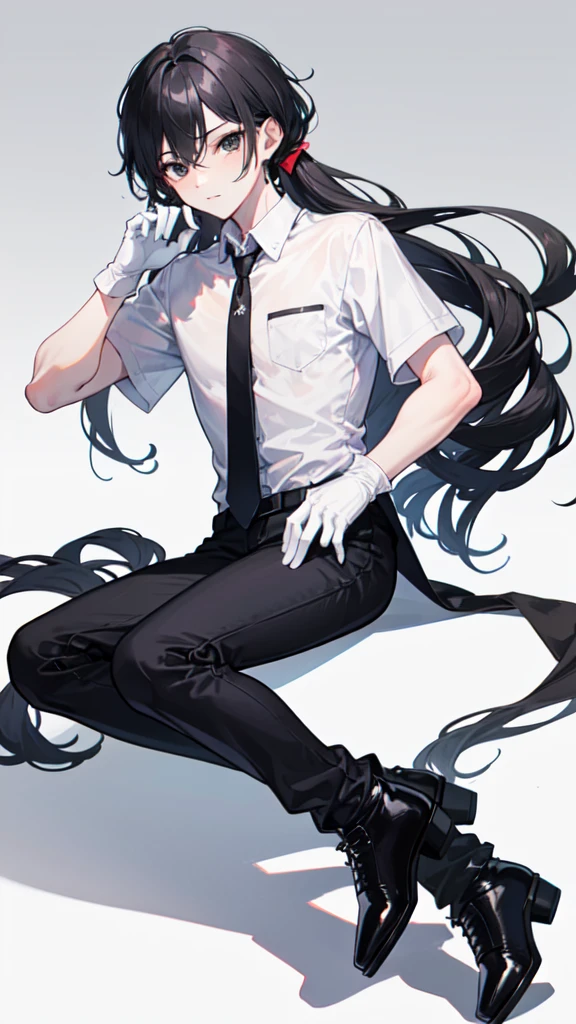 18-year-old boy,cute,Wear a white short-sleeved shirt and a black work tie,Wear black pants,Wear black booties,Wear white gloves,Black hair,Black eyes,Seductive pose