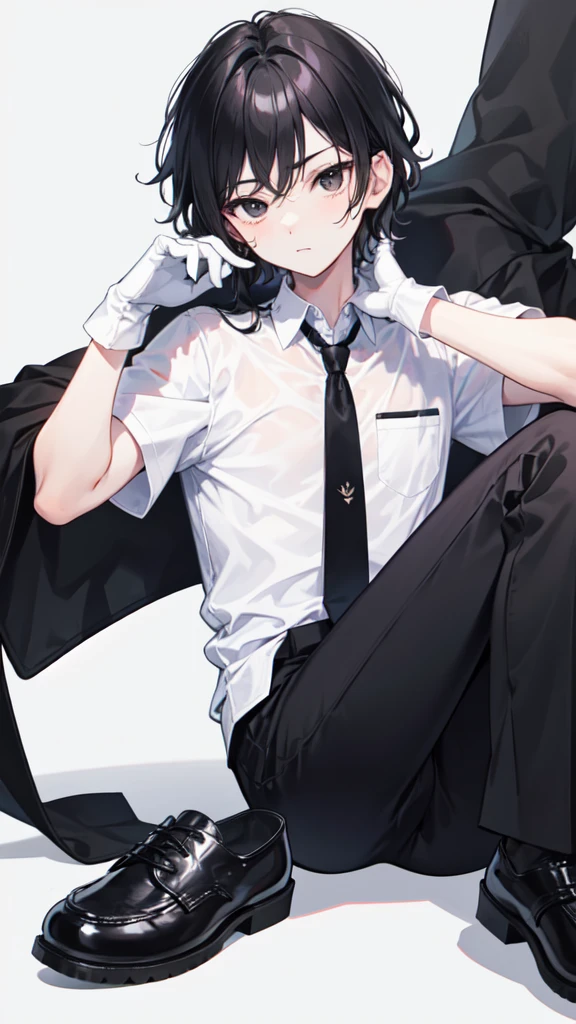 18-year-old boy,cute,Wear a white short-sleeved shirt and a black work tie,Wear black pants,Wear black booties,Wear white gloves,Black hair,Black eyes,Seductive pose