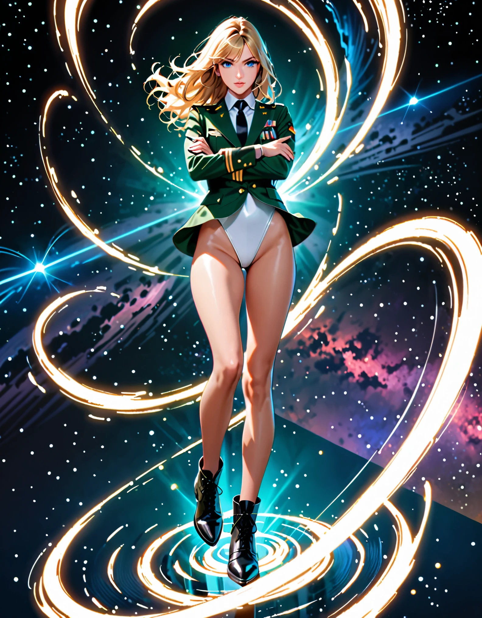 best quality, masterpiece, highres, solo, solo focus, 1lady, semi-realistic, floating, legs straight, blonde hair, blue eyes, beautiful detailed eyes, beautiful detailed face, (perfect hands), sexy us military officer, ((green and white leotard)), suit and tie, black necktie, green military uniform, (open jacket), perfect fit, matching shoes, outer space backdrop, neon edge lighting, highly detailed, professional, bare legs, matching boots, ankle-high boots, full body shot, medium hair, hair down, (dynamic spinning pose), (crossed arms, (she spins fast) in place like a (tornado), spiral lines). diffraction spikes, light particles.