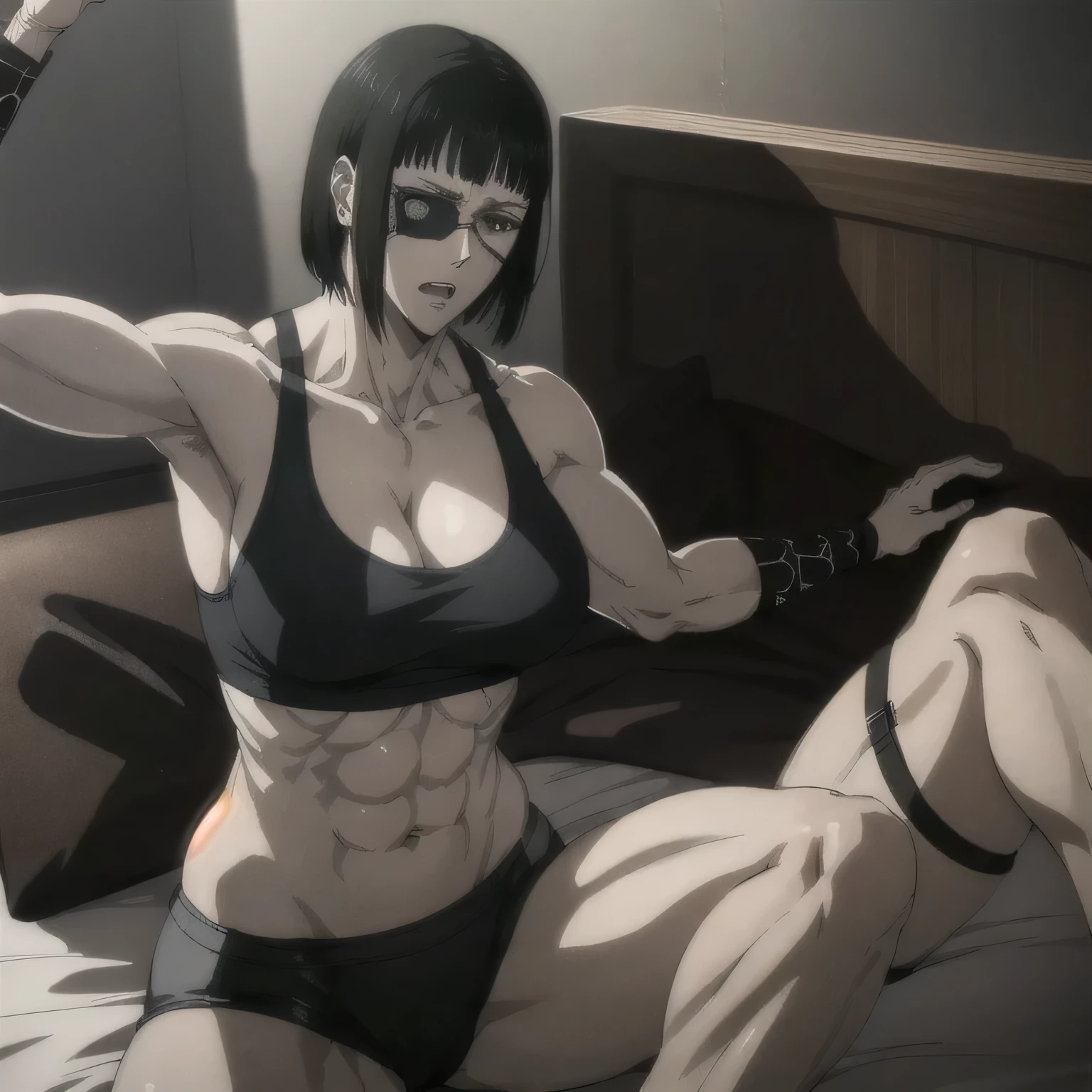 (best quality,ultra-detailed,realistic:1.37),musclaur badass girl with sculpted body with preview her musclaur body and muscles, half review of the female character face and body, intense expression, strong and confident posture, studio lighting, vivid colors, physiologically-based rendering, grungy texture, rugged background, dust particles in the air, commanding presence, professional, powerful, gritty aesthetics,,Valmet،short hair,Light reflection on shoulders،wearing military male underwear and midriff tank top, tattoos on shoulders،lying in bed,eyepatch,Shining muscles,Shining skin,sexy muscles,sleeping,Valmet only1, lying down in stomach